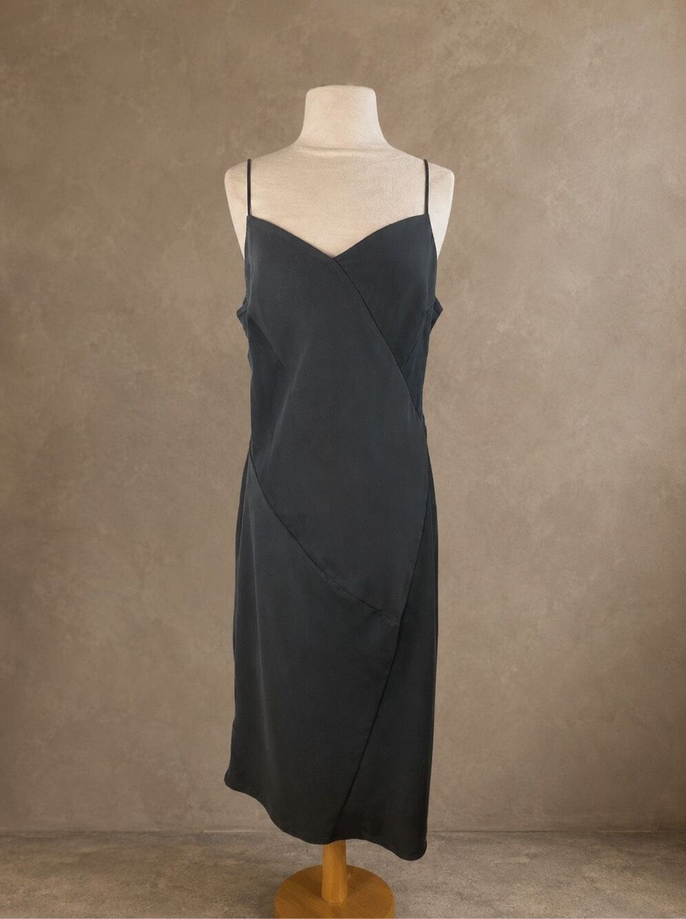 Banana Republic Size 12 Y2K Black Satin Asymmetrical Slip Midi Dress